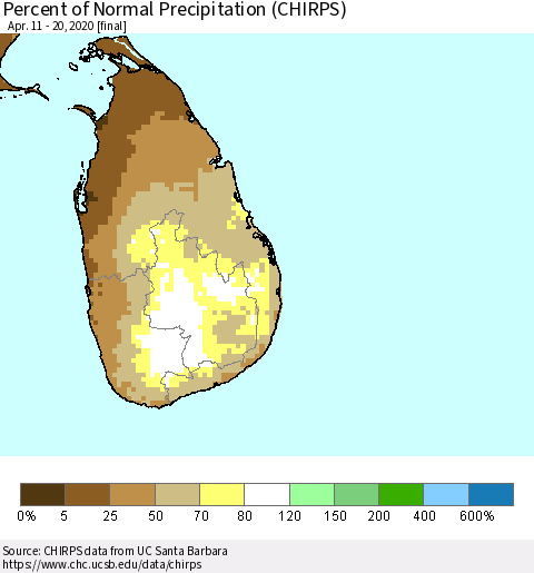 Sri Lanka Percent of Normal Precipitation (CHIRPS) Thematic Map For 4/11/2020 - 4/20/2020