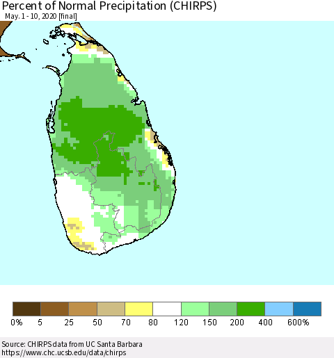 Sri Lanka Percent of Normal Precipitation (CHIRPS) Thematic Map For 5/1/2020 - 5/10/2020