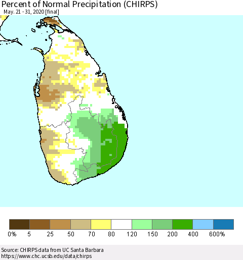Sri Lanka Percent of Normal Precipitation (CHIRPS) Thematic Map For 5/21/2020 - 5/31/2020