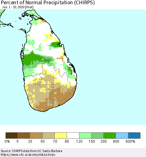 Sri Lanka Percent of Normal Precipitation (CHIRPS) Thematic Map For 6/1/2020 - 6/10/2020