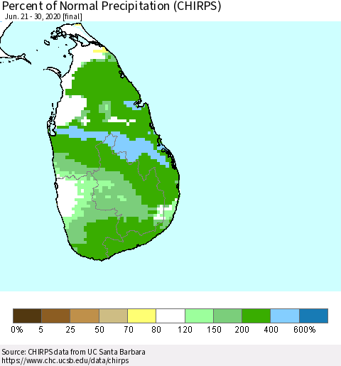 Sri Lanka Percent of Normal Precipitation (CHIRPS) Thematic Map For 6/21/2020 - 6/30/2020