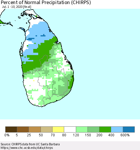 Sri Lanka Percent of Normal Precipitation (CHIRPS) Thematic Map For 7/1/2020 - 7/10/2020
