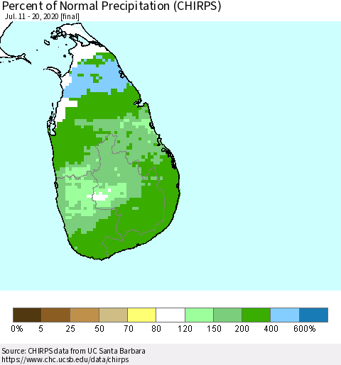 Sri Lanka Percent of Normal Precipitation (CHIRPS) Thematic Map For 7/11/2020 - 7/20/2020