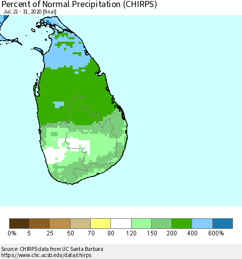 Sri Lanka Percent of Normal Precipitation (CHIRPS) Thematic Map For 7/21/2020 - 7/31/2020
