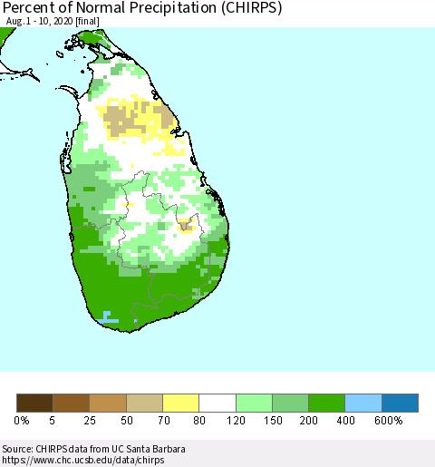 Sri Lanka Percent of Normal Precipitation (CHIRPS) Thematic Map For 8/1/2020 - 8/10/2020