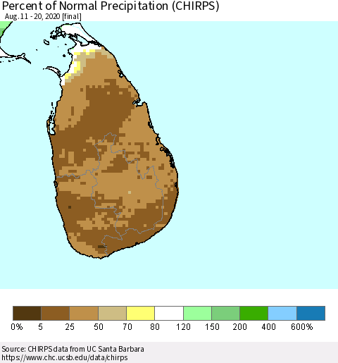 Sri Lanka Percent of Normal Precipitation (CHIRPS) Thematic Map For 8/11/2020 - 8/20/2020