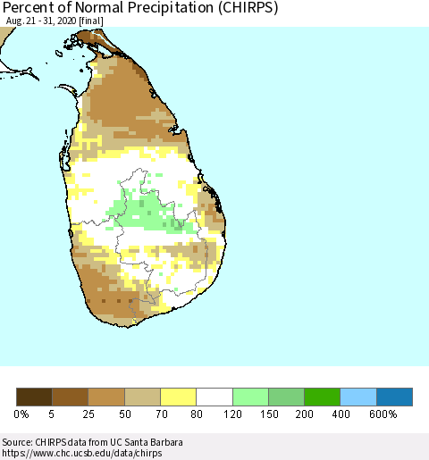 Sri Lanka Percent of Normal Precipitation (CHIRPS) Thematic Map For 8/21/2020 - 8/31/2020