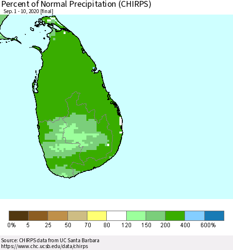 Sri Lanka Percent of Normal Precipitation (CHIRPS) Thematic Map For 9/1/2020 - 9/10/2020