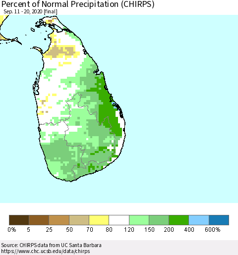 Sri Lanka Percent of Normal Precipitation (CHIRPS) Thematic Map For 9/11/2020 - 9/20/2020