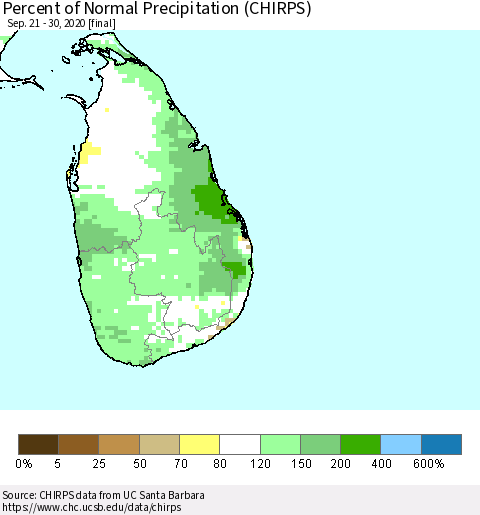 Sri Lanka Percent of Normal Precipitation (CHIRPS) Thematic Map For 9/21/2020 - 9/30/2020