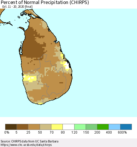 Sri Lanka Percent of Normal Precipitation (CHIRPS) Thematic Map For 10/11/2020 - 10/20/2020