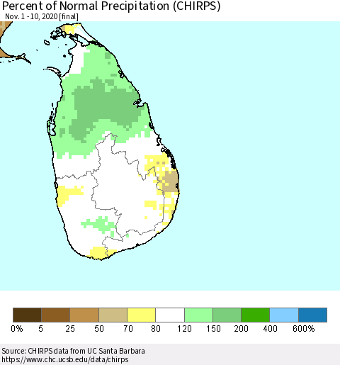 Sri Lanka Percent of Normal Precipitation (CHIRPS) Thematic Map For 11/1/2020 - 11/10/2020