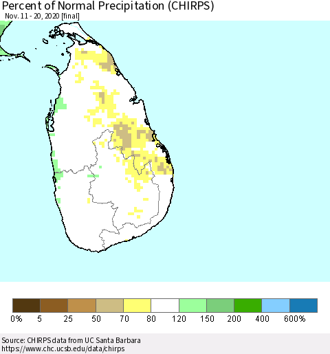 Sri Lanka Percent of Normal Precipitation (CHIRPS) Thematic Map For 11/11/2020 - 11/20/2020