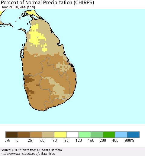 Sri Lanka Percent of Normal Precipitation (CHIRPS) Thematic Map For 11/21/2020 - 11/30/2020