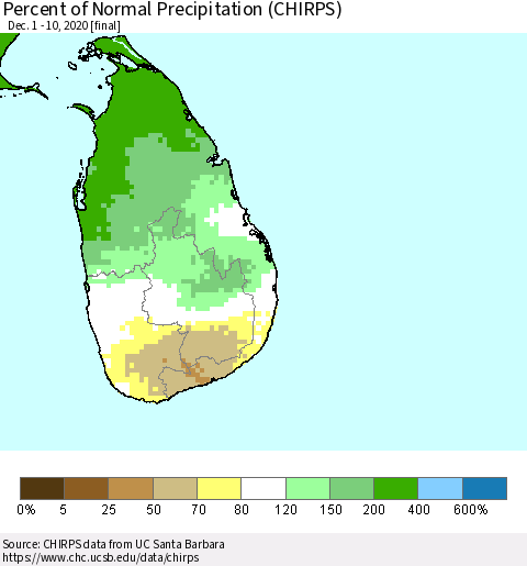 Sri Lanka Percent of Normal Precipitation (CHIRPS) Thematic Map For 12/1/2020 - 12/10/2020