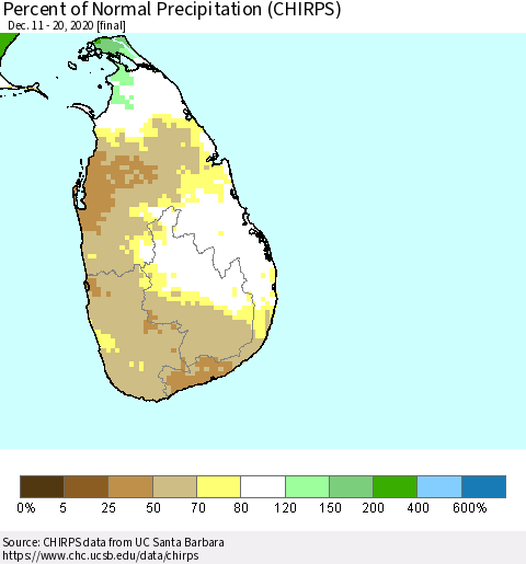 Sri Lanka Percent of Normal Precipitation (CHIRPS) Thematic Map For 12/11/2020 - 12/20/2020