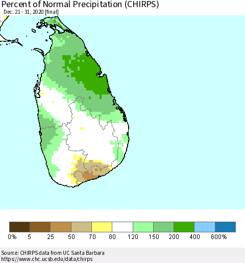 Sri Lanka Percent of Normal Precipitation (CHIRPS) Thematic Map For 12/21/2020 - 12/31/2020