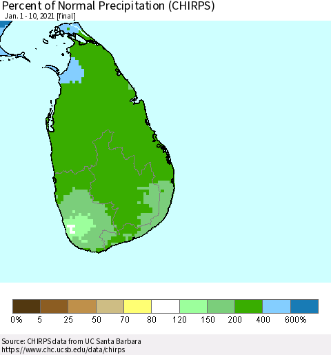 Sri Lanka Percent of Normal Precipitation (CHIRPS) Thematic Map For 1/1/2021 - 1/10/2021