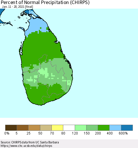 Sri Lanka Percent of Normal Precipitation (CHIRPS) Thematic Map For 1/11/2021 - 1/20/2021