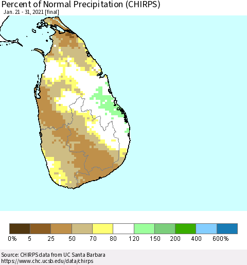 Sri Lanka Percent of Normal Precipitation (CHIRPS) Thematic Map For 1/21/2021 - 1/31/2021