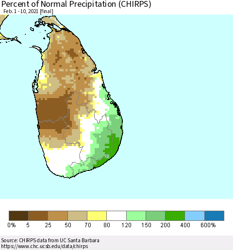 Sri Lanka Percent of Normal Precipitation (CHIRPS) Thematic Map For 2/1/2021 - 2/10/2021