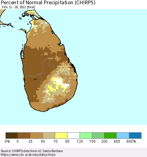 Sri Lanka Percent of Normal Precipitation (CHIRPS) Thematic Map For 2/11/2021 - 2/20/2021