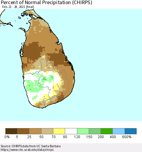 Sri Lanka Percent of Normal Precipitation (CHIRPS) Thematic Map For 2/21/2021 - 2/28/2021