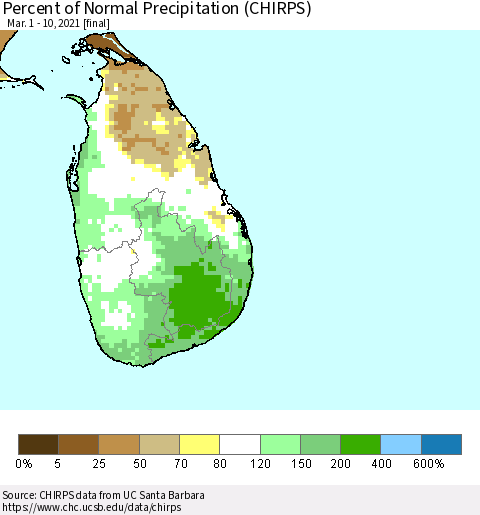 Sri Lanka Percent of Normal Precipitation (CHIRPS) Thematic Map For 3/1/2021 - 3/10/2021