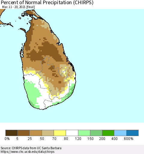 Sri Lanka Percent of Normal Precipitation (CHIRPS) Thematic Map For 3/11/2021 - 3/20/2021