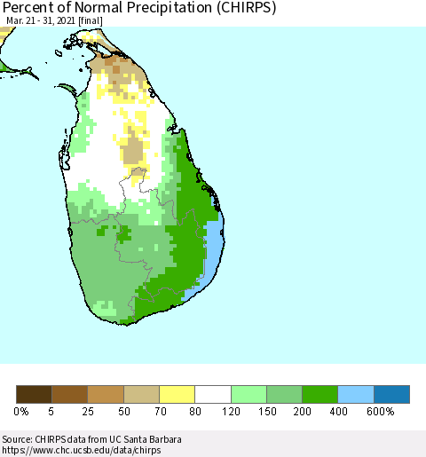 Sri Lanka Percent of Normal Precipitation (CHIRPS) Thematic Map For 3/21/2021 - 3/31/2021