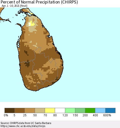 Sri Lanka Percent of Normal Precipitation (CHIRPS) Thematic Map For 4/1/2021 - 4/10/2021