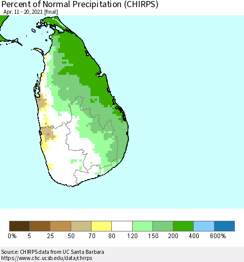 Sri Lanka Percent of Normal Precipitation (CHIRPS) Thematic Map For 4/11/2021 - 4/20/2021