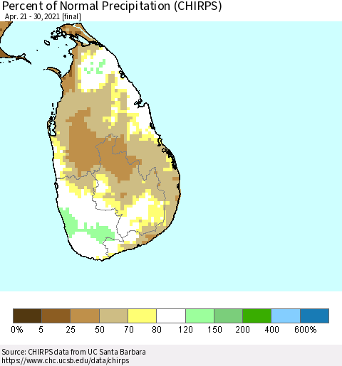 Sri Lanka Percent of Normal Precipitation (CHIRPS) Thematic Map For 4/21/2021 - 4/30/2021