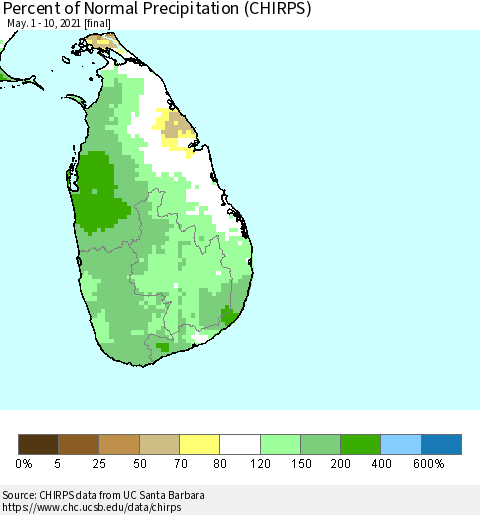 Sri Lanka Percent of Normal Precipitation (CHIRPS) Thematic Map For 5/1/2021 - 5/10/2021