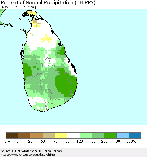 Sri Lanka Percent of Normal Precipitation (CHIRPS) Thematic Map For 5/11/2021 - 5/20/2021