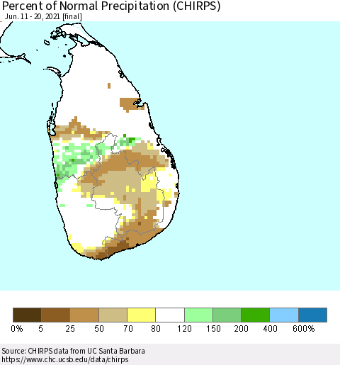 Sri Lanka Percent of Normal Precipitation (CHIRPS) Thematic Map For 6/11/2021 - 6/20/2021