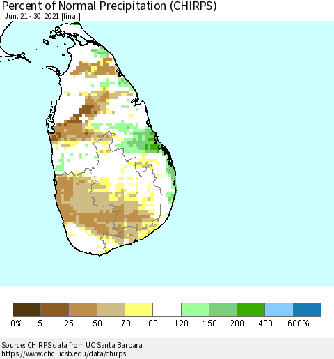 Sri Lanka Percent of Normal Precipitation (CHIRPS) Thematic Map For 6/21/2021 - 6/30/2021