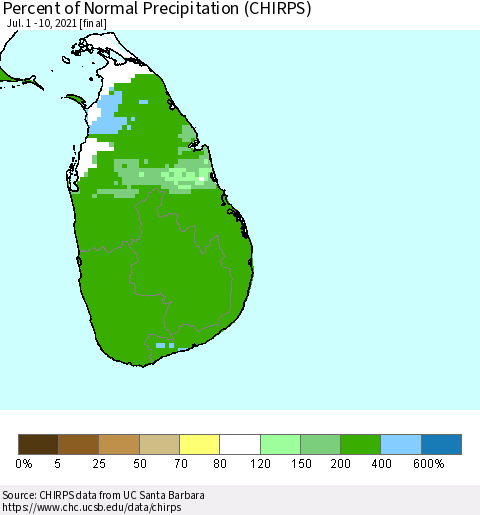 Sri Lanka Percent of Normal Precipitation (CHIRPS) Thematic Map For 7/1/2021 - 7/10/2021