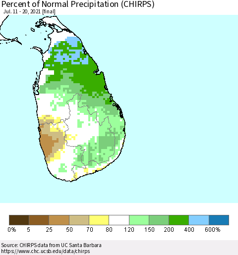 Sri Lanka Percent of Normal Precipitation (CHIRPS) Thematic Map For 7/11/2021 - 7/20/2021