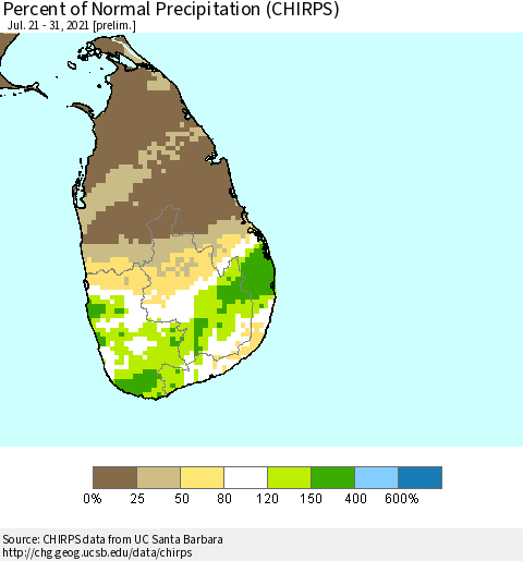 Sri Lanka Percent of Normal Precipitation (CHIRPS) Thematic Map For 7/21/2021 - 7/31/2021