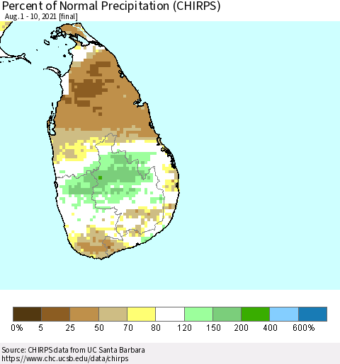 Sri Lanka Percent of Normal Precipitation (CHIRPS) Thematic Map For 8/1/2021 - 8/10/2021