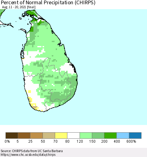 Sri Lanka Percent of Normal Precipitation (CHIRPS) Thematic Map For 8/11/2021 - 8/20/2021