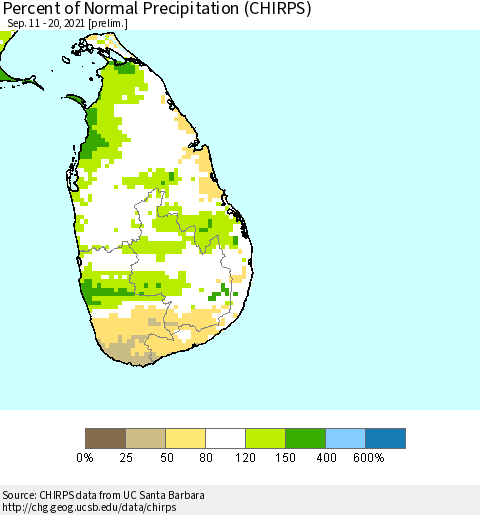 Sri Lanka Percent of Normal Precipitation (CHIRPS) Thematic Map For 9/11/2021 - 9/20/2021