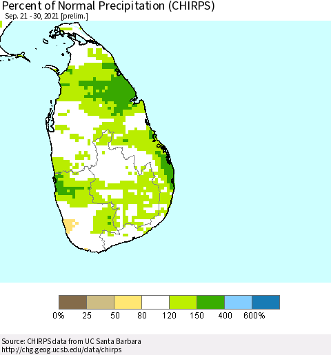 Sri Lanka Percent of Normal Precipitation (CHIRPS) Thematic Map For 9/21/2021 - 9/30/2021