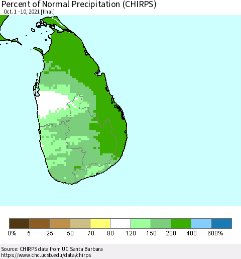 Sri Lanka Percent of Normal Precipitation (CHIRPS) Thematic Map For 10/1/2021 - 10/10/2021