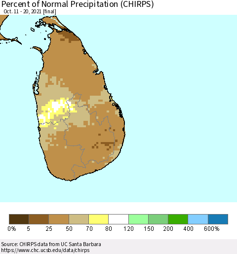 Sri Lanka Percent of Normal Precipitation (CHIRPS) Thematic Map For 10/11/2021 - 10/20/2021