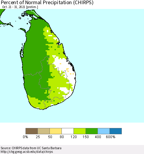 Sri Lanka Percent of Normal Precipitation (CHIRPS) Thematic Map For 10/21/2021 - 10/31/2021