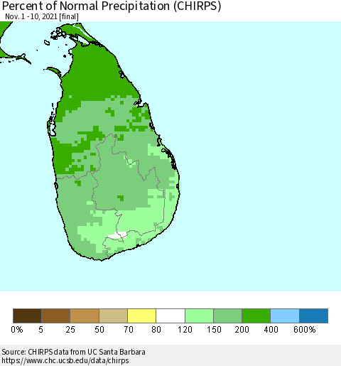 Sri Lanka Percent of Normal Precipitation (CHIRPS) Thematic Map For 11/1/2021 - 11/10/2021