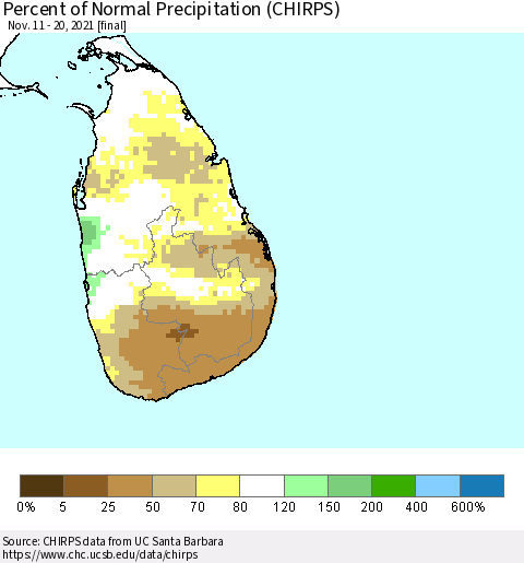 Sri Lanka Percent of Normal Precipitation (CHIRPS) Thematic Map For 11/11/2021 - 11/20/2021