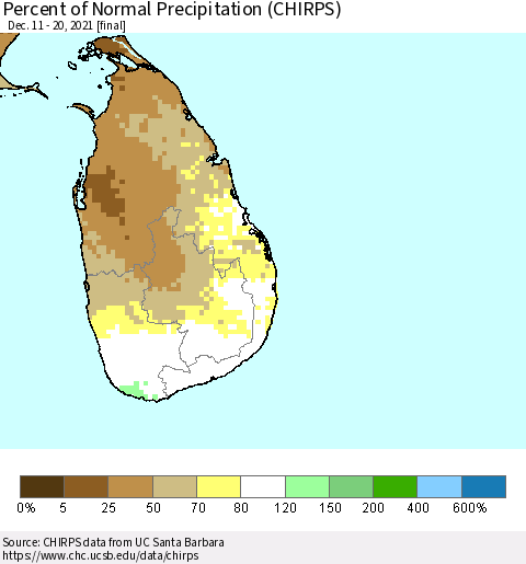 Sri Lanka Percent of Normal Precipitation (CHIRPS) Thematic Map For 12/11/2021 - 12/20/2021